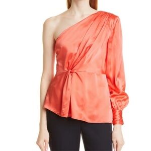 Cinq à Sept Stace One Shoulder Silk Top Neon Coral Size XS